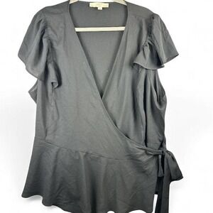 Loft Plus Women Black Flutter Sleeve Wrap Peplum Blouse Top Size 24